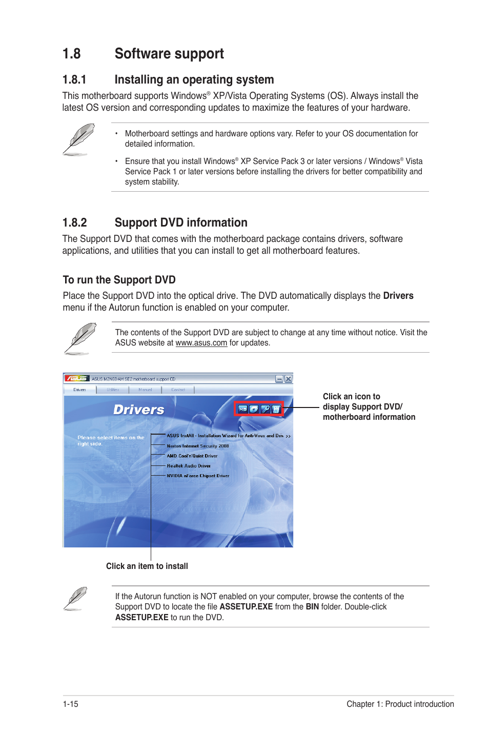 8 software support, 1 installing an operating system, 2 support dvd information | Software support -15 1.8.1, Installing an operating system -15, Support dvd information -15 | Asus M2N68-AM SE2 User Manual | Page 24 / 40