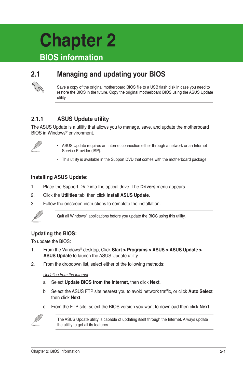 Chapter 2: bios information, 1 managing and updating your bios, 1 asus update utility | Bios information, Managing and updating your bios -1 2.1.1, Asus update utility -1, Chapter 2 | Asus M2N68-AM SE2 User Manual | Page 25 / 40
