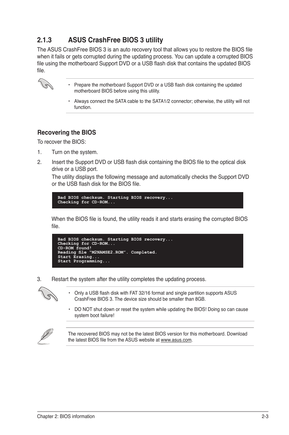 3 asus crashfree bios 3 utility, Asus crashfree bios 3 utility -3, Recovering the bios | Asus M2N68-AM SE2 User Manual | Page 27 / 40