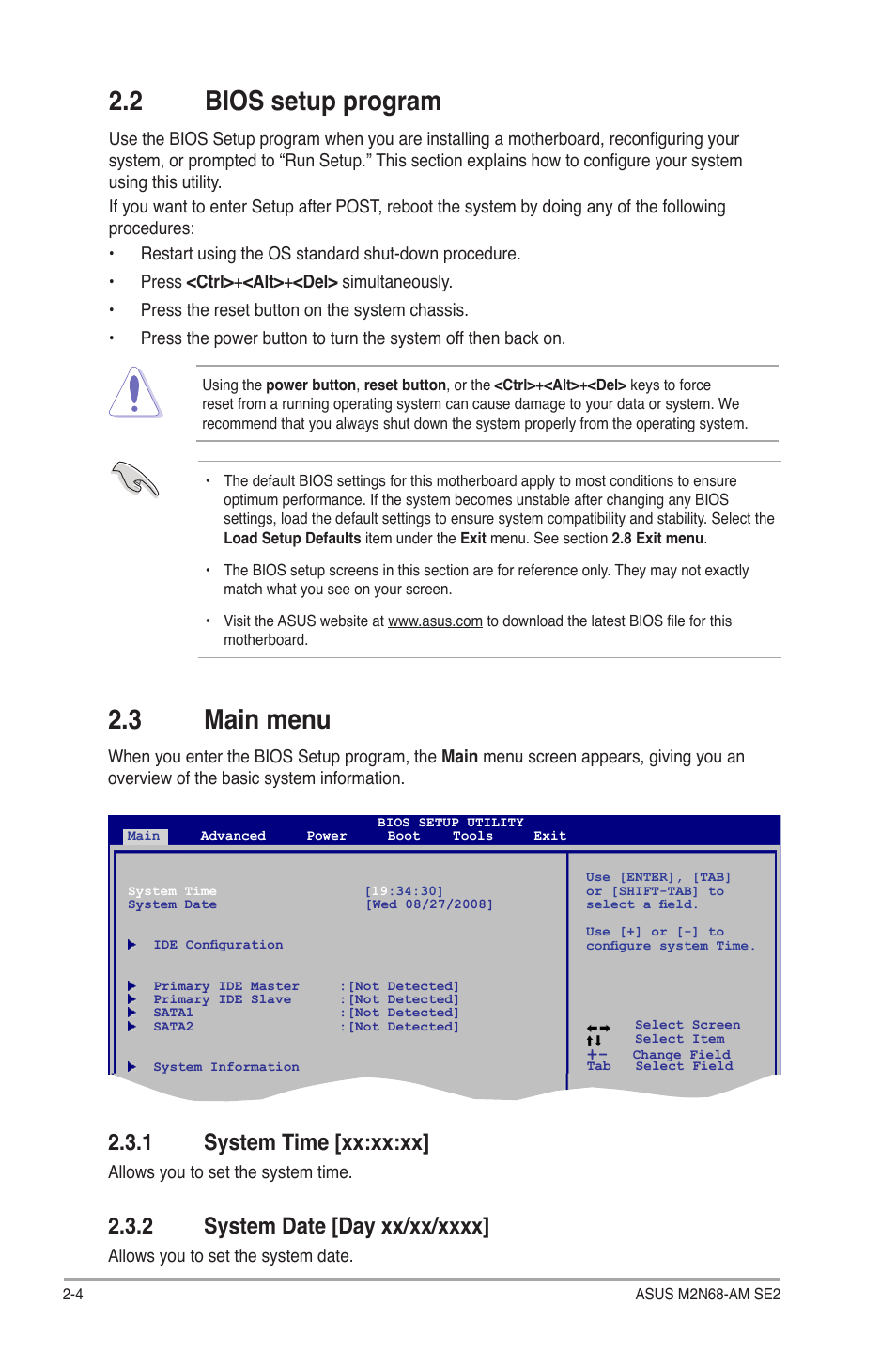 2 bios setup program, 3 main menu, 1 system time | 2 system date, Bios setup program -4, Main menu -4 2.3.1, System time -4, System date -4, 1 system time [xx:xx:xx | Asus M2N68-AM SE2 User Manual | Page 28 / 40