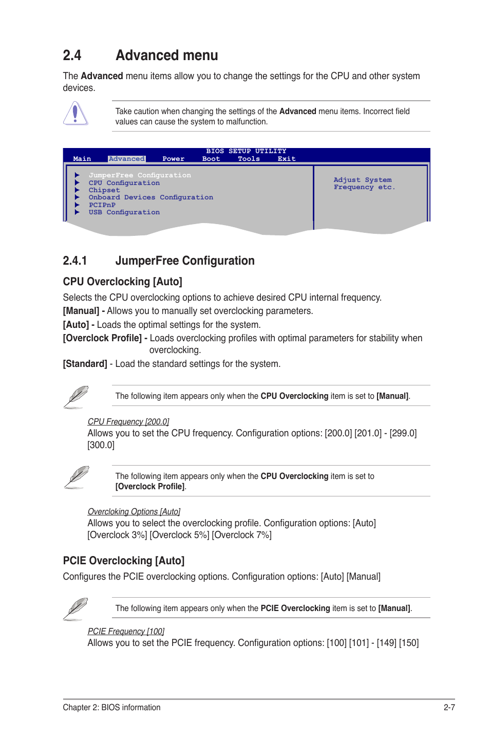 4 advanced menu, 1 jumperfree configuration, Advanced menu -7 2.4.1 | Jumperfree configuration -7 | Asus M2N68-AM SE2 User Manual | Page 31 / 40