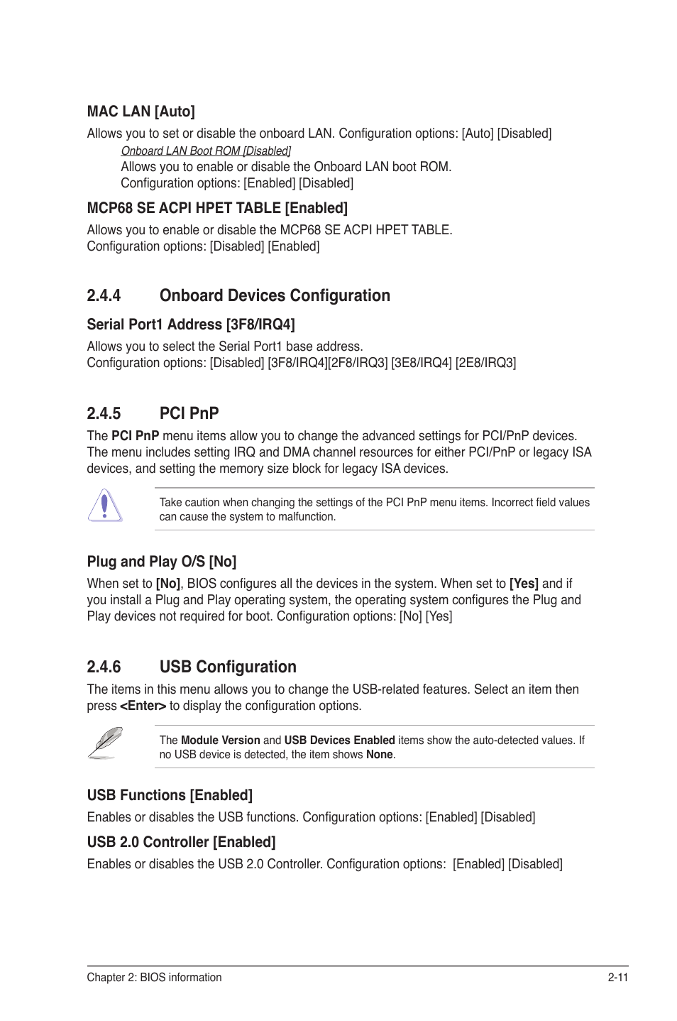 4 onboard devices configuration, 5 pci pnp, 6 usb configuration | Onboard devices configuration -11, Pci pnp -11, Usb configuration -11 | Asus M2N68-AM SE2 User Manual | Page 35 / 40