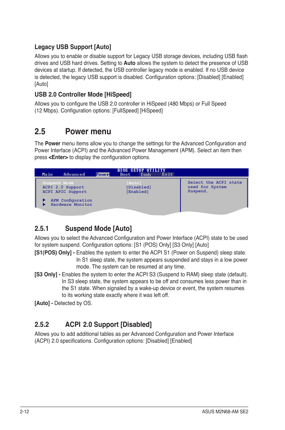 5 power menu, 1 suspend mode, 2 acpi 2.0 support | Power menu -12 2.5.1, Suspend mode -12, Acpi, 0 support -12, 1 suspend mode [auto, 2 acpi, 0 support [disabled | Asus M2N68-AM SE2 User Manual | Page 36 / 40