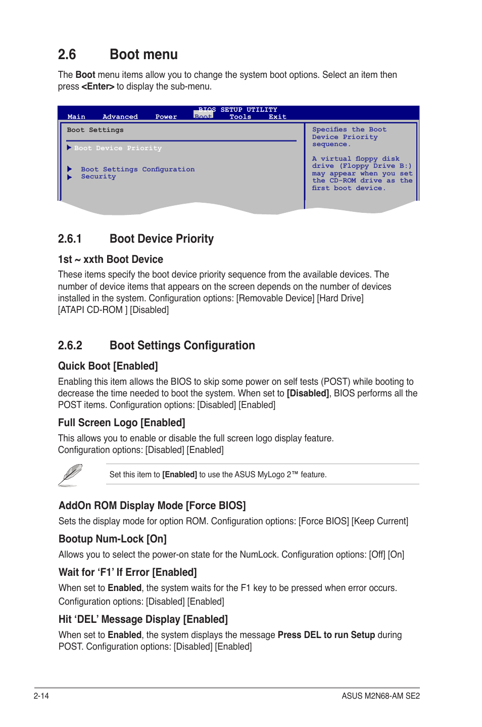 6 boot menu, 1 boot device priority, 2 boot settings configuration | Boot menu -14 2.6.1, Boot device priority -14, Boot settings configuration -14 | Asus M2N68-AM SE2 User Manual | Page 38 / 40