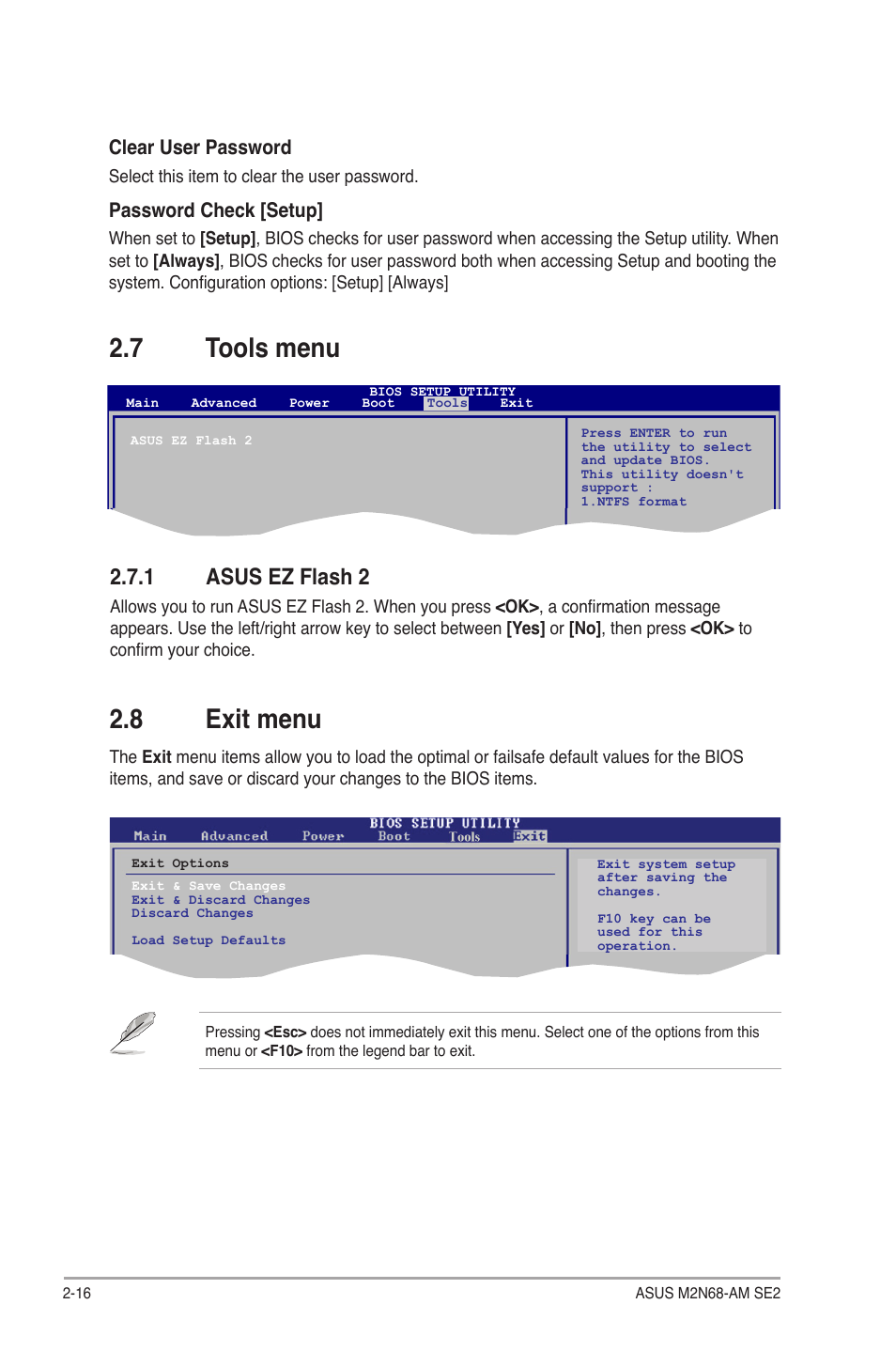 7 tools menu, 1 asus ez flash 2, 8 exit menu | Tools menu -16 2.7.1, Asus ez flash 2 -16, Exit menu -16, Clear user password, Password check [setup | Asus M2N68-AM SE2 User Manual | Page 40 / 40