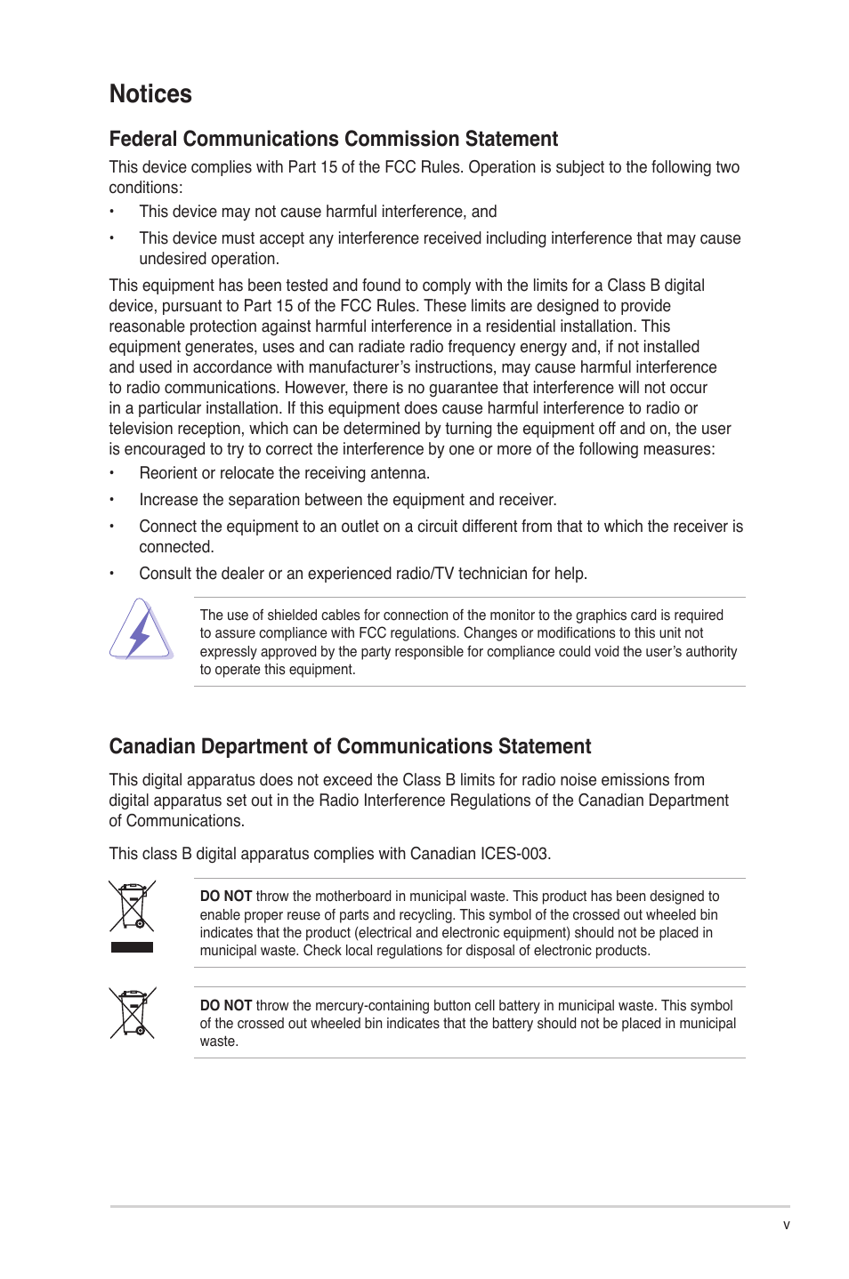 Notices, Federal communications commission statement, Canadian department of communications statement | Asus M2N68-AM SE2 User Manual | Page 5 / 40