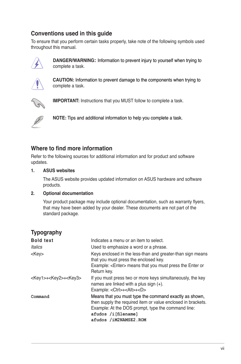 Conventions used in this guide, Where to find more information, Typography | Asus M2N68-AM SE2 User Manual | Page 7 / 40