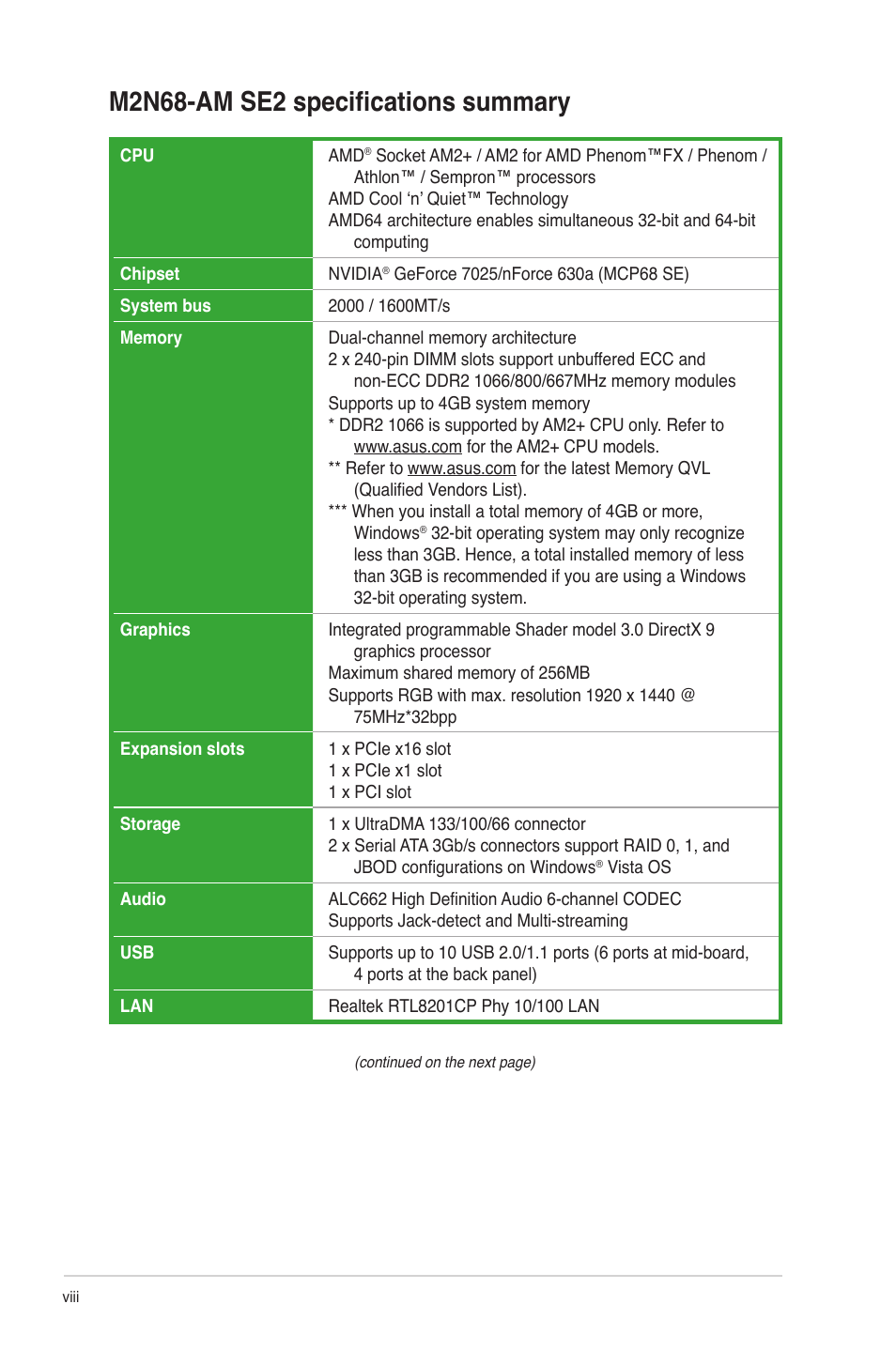 M2n68-am se2 specifications summary | Asus M2N68-AM SE2 User Manual | Page 8 / 40