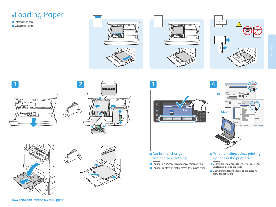 Colocación de papel colocação de papel, Loading media, Loading paper | Xerox WorkCentre 7525-7530-7535-7545-7556 con EFI Fiery Controller-17871 User Manual | Page 11 / 20