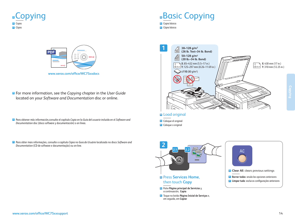 Copying, Copia cópia, Copia básica cópia básica | Basic copying, Press services home , then touch copy, Load original | Xerox WorkCentre 7525-7530-7535-7545-7556 con EFI Fiery Controller-17871 User Manual | Page 14 / 20