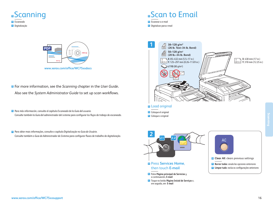 Escanear a e-mail digitalizar para e-mail, Scan to email, Scanning | Escaneado digitalização, Press services home , then touch e-mail, Load original | Xerox WorkCentre 7525-7530-7535-7545-7556 con EFI Fiery Controller-17871 User Manual | Page 16 / 20