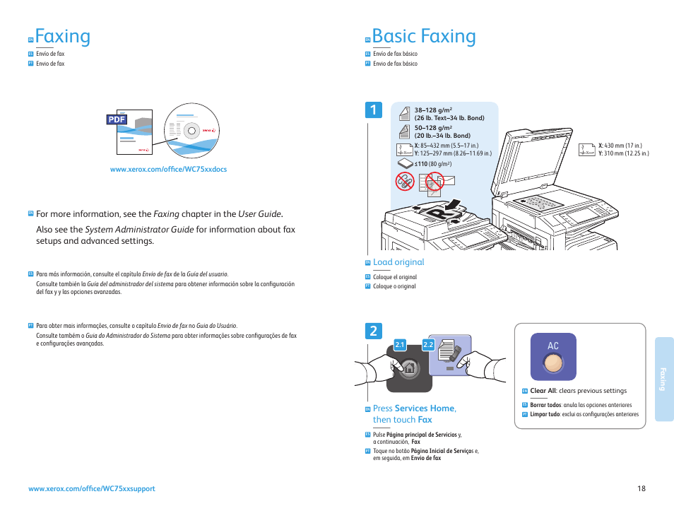 Envío de fax básico envio de fax básico, Basic faxing, Faxing | Envío de fax envio de fax, Press services home , then touch fax, Load original | Xerox WorkCentre 7525-7530-7535-7545-7556 con EFI Fiery Controller-17871 User Manual | Page 18 / 20