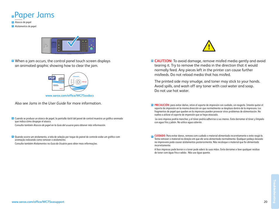 Atascos de papel atolamentos de papel, Paper jams, Troubleshooting | Solución de problemas solução de problemas | Xerox WorkCentre 7525-7530-7535-7545-7556 con EFI Fiery Controller-17871 User Manual | Page 20 / 20