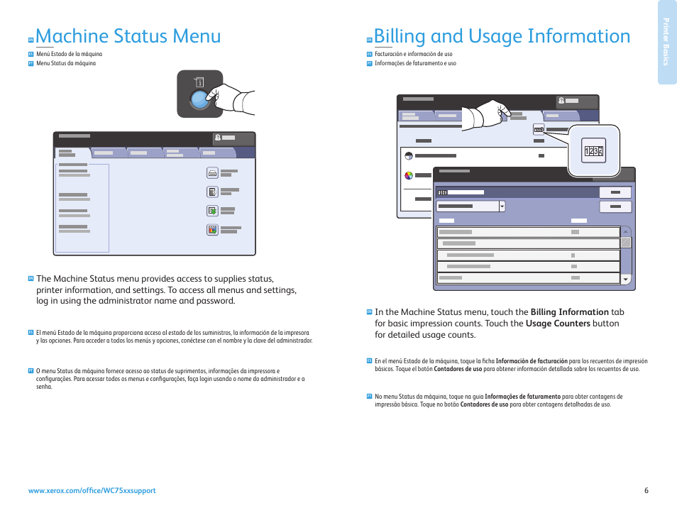 Menú estado de la máquina menu status da máquina, Machine status menu, Billing and usage information | Xerox WorkCentre 7525-7530-7535-7545-7556 con EFI Fiery Controller-17871 User Manual | Page 6 / 20