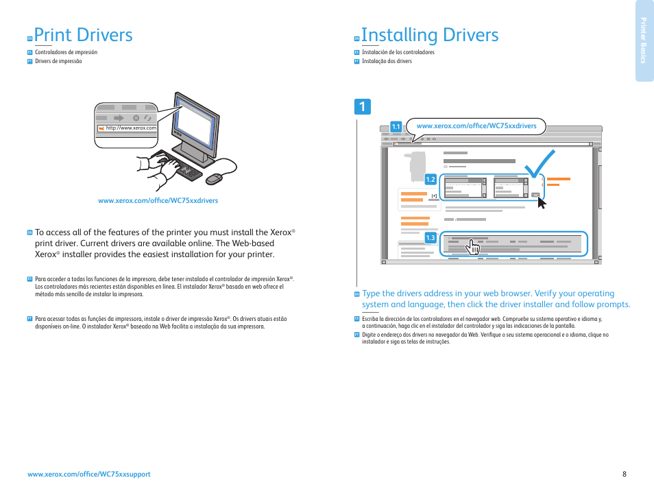 Printing, Impresión impressão, Installing drivers | Controladores de impresión drivers de impressão, Print drivers | Xerox WorkCentre 7525-7530-7535-7545-7556 con EFI Fiery Controller-17871 User Manual | Page 8 / 20