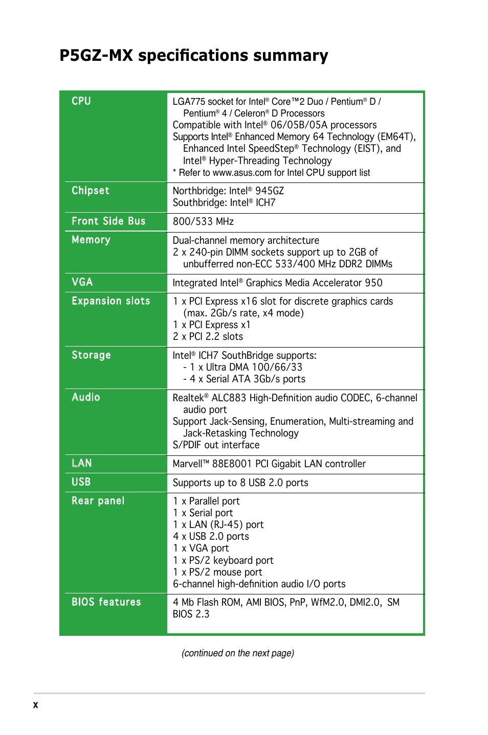 P5gz-mx specifications summary | Asus Motherboard P5GZ-MX User Manual | Page 10 / 94
