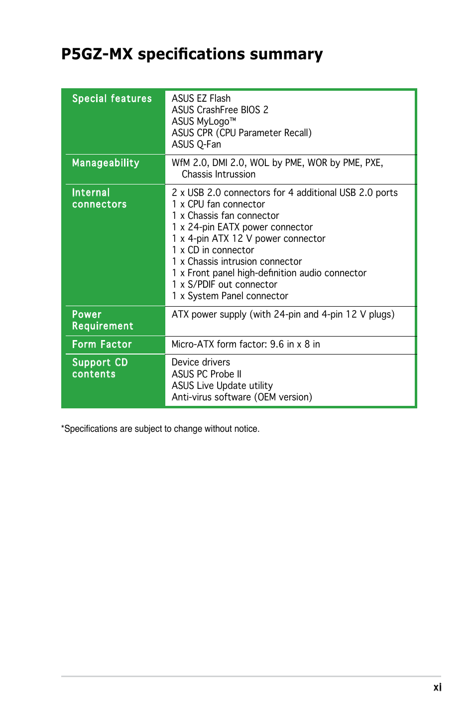 P5gz-mx specifications summary | Asus Motherboard P5GZ-MX User Manual | Page 11 / 94