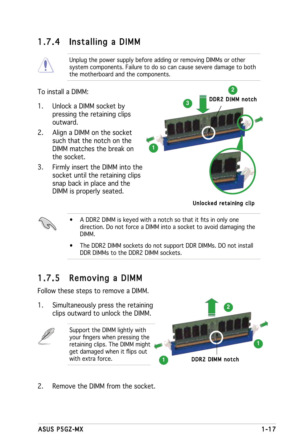 4 installing a dimm, 5 removing a dimm | Asus Motherboard P5GZ-MX User Manual | Page 29 / 94