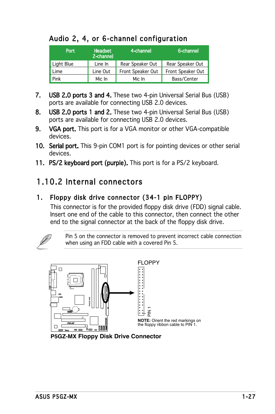 2 internal connectors, Audio 2, 4, or 6-channel configuration | Asus Motherboard P5GZ-MX User Manual | Page 39 / 94