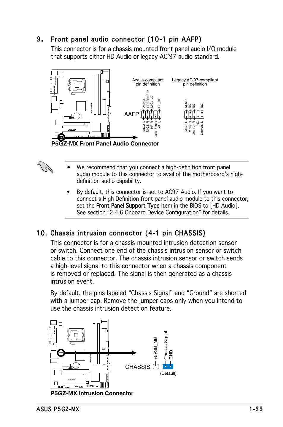 Asus p5gz-mx 1-33, Aafp, P5gz-mx intrusion connector | Chassis | Asus Motherboard P5GZ-MX User Manual | Page 45 / 94