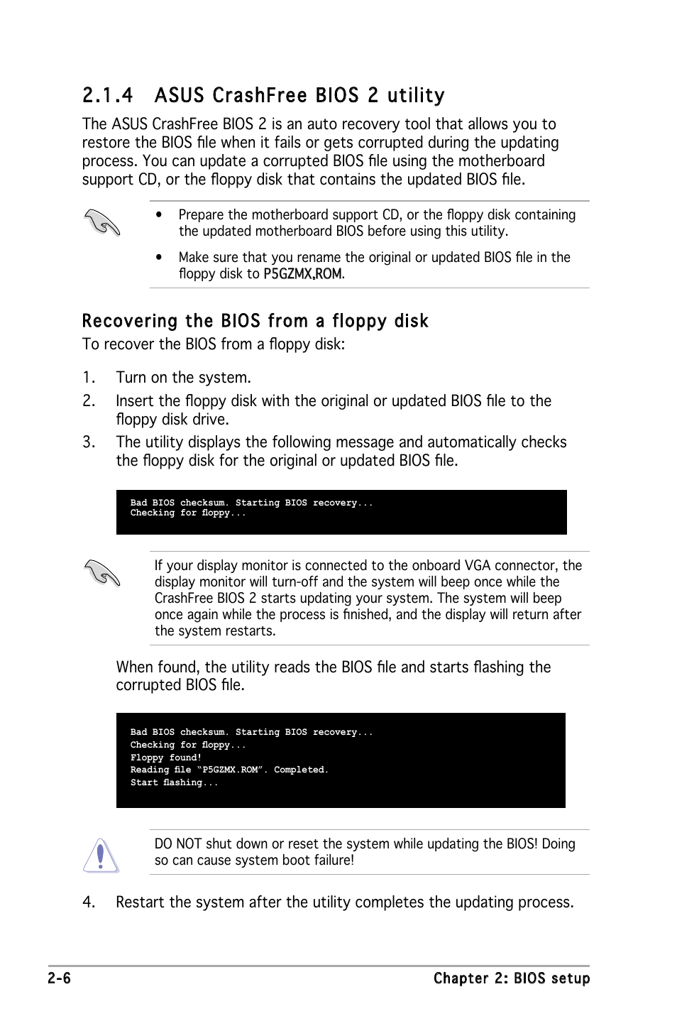 4 asus crashfree bios 2 utility, Recovering the bios from a floppy disk | Asus Motherboard P5GZ-MX User Manual | Page 52 / 94