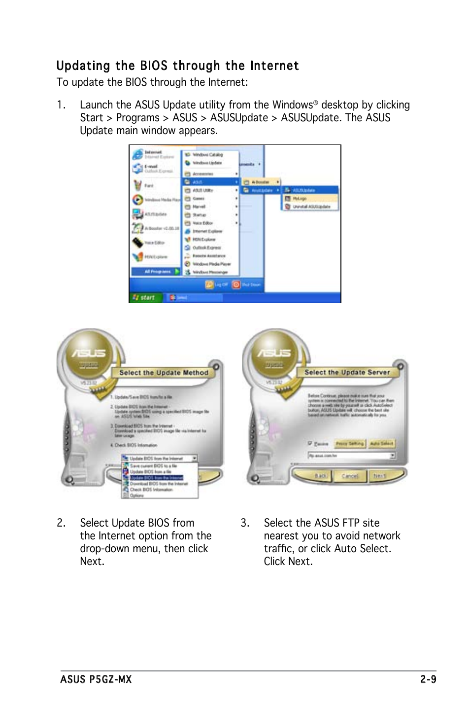 Updating the bios through the internet | Asus Motherboard P5GZ-MX User Manual | Page 55 / 94
