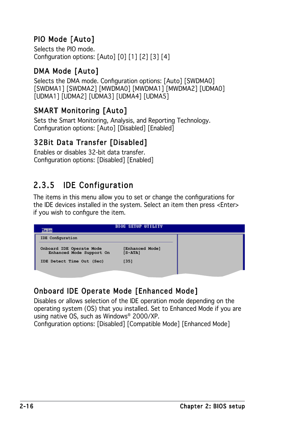 5 ide configuration, Pio mode [auto, Dma mode [auto | Smart monitoring [auto, 32bit data transfer [disabled, Onboard ide operate mode [enhanced mode | Asus Motherboard P5GZ-MX User Manual | Page 62 / 94