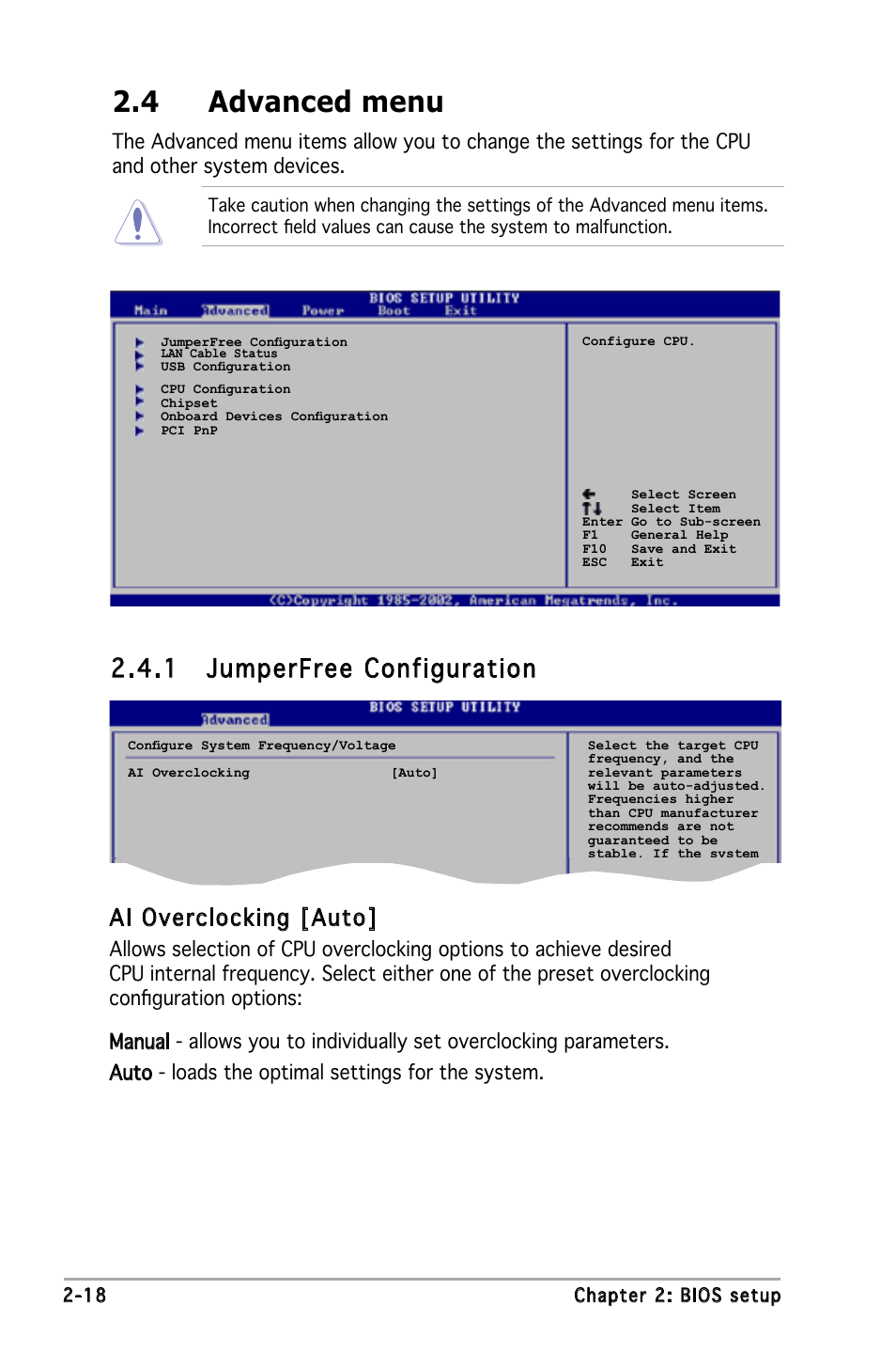 4 advanced menu, 1 jumperfree configuration, Ai overclocking [auto | Asus Motherboard P5GZ-MX User Manual | Page 64 / 94