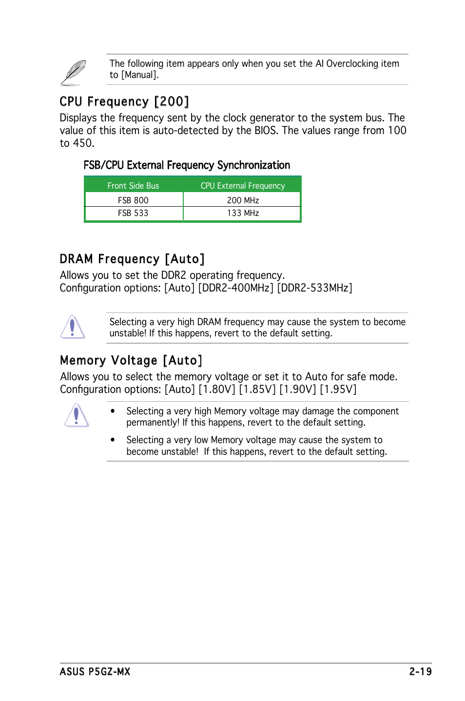 Dram frequency [auto, Cpu frequency [200 | Asus Motherboard P5GZ-MX User Manual | Page 65 / 94