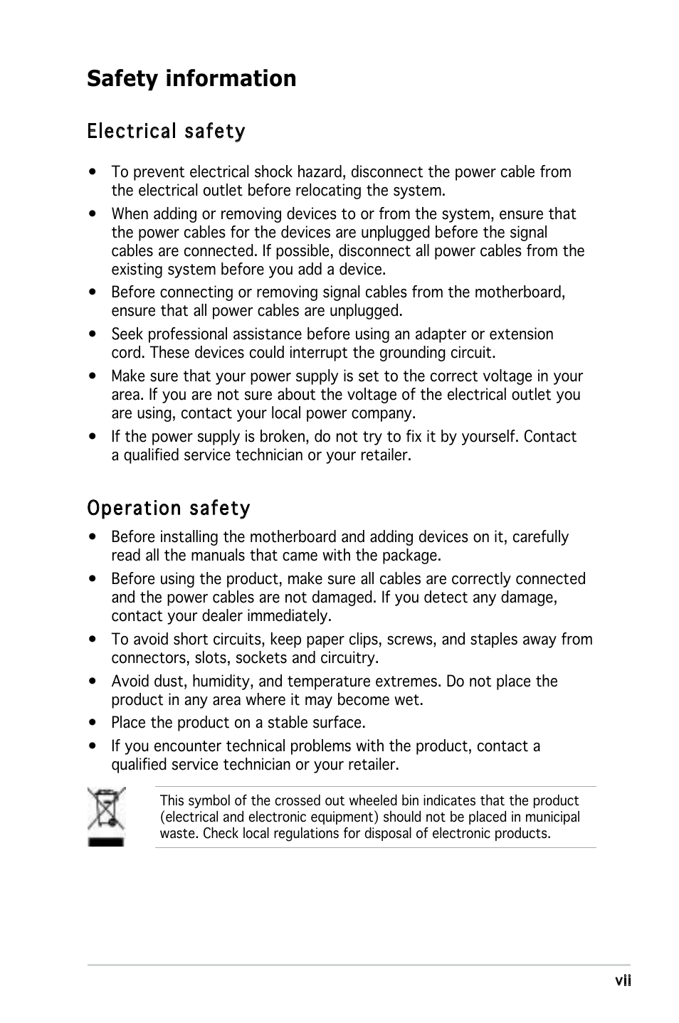 Safety information, Electrical safety, Operation safety | Asus Motherboard P5GZ-MX User Manual | Page 7 / 94