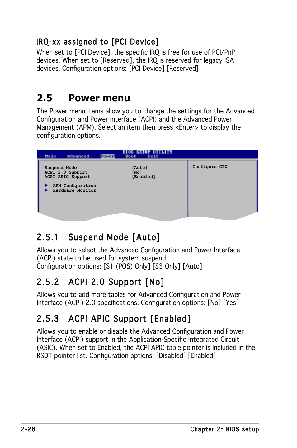 5 power menu, 1 suspend mode [auto, 2 acpi 2.0 support [no | 3 acpi apic support [enabled, Irq-xx assigned to [pci device | Asus Motherboard P5GZ-MX User Manual | Page 74 / 94