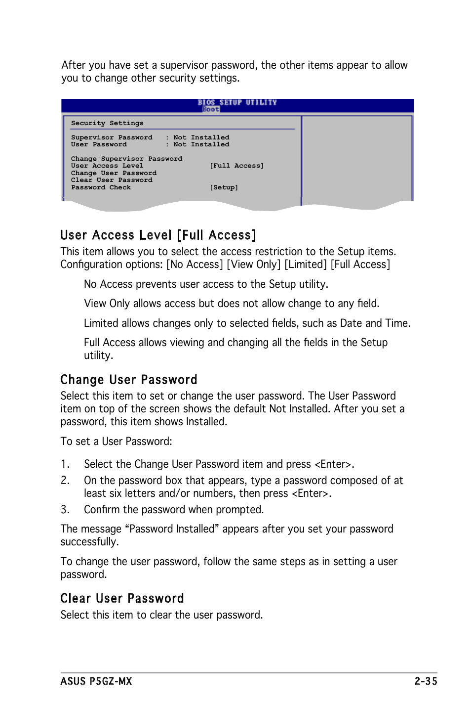 User access level [full access, Change user password, Clear user password | Asus Motherboard P5GZ-MX User Manual | Page 81 / 94