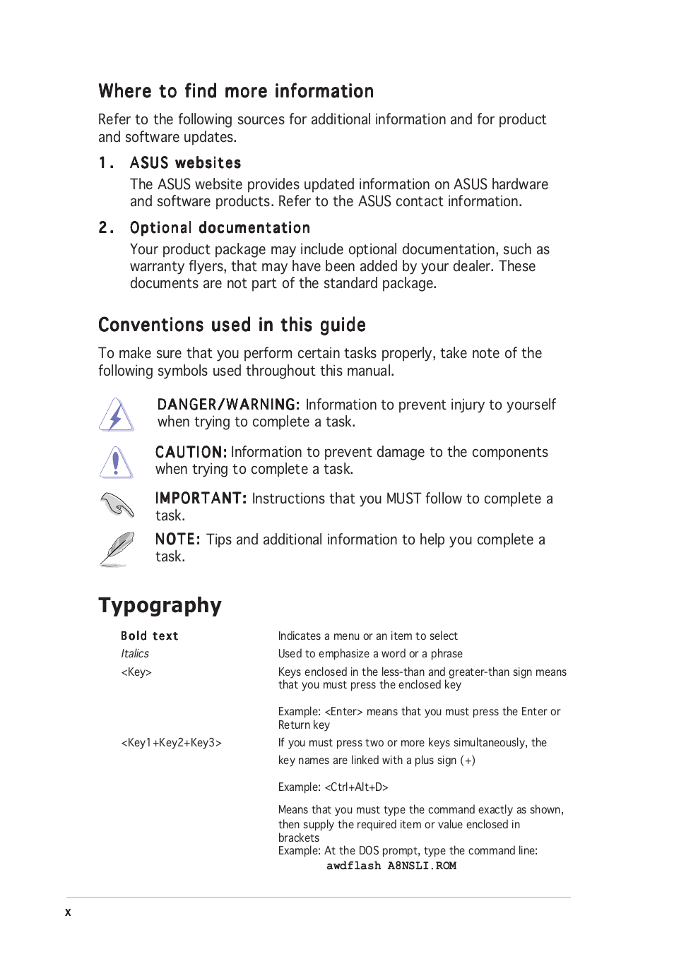 Typography, Conventions used in this guide, Where to find more information | Asus Motherboard A8N-SLI User Manual | Page 10 / 176