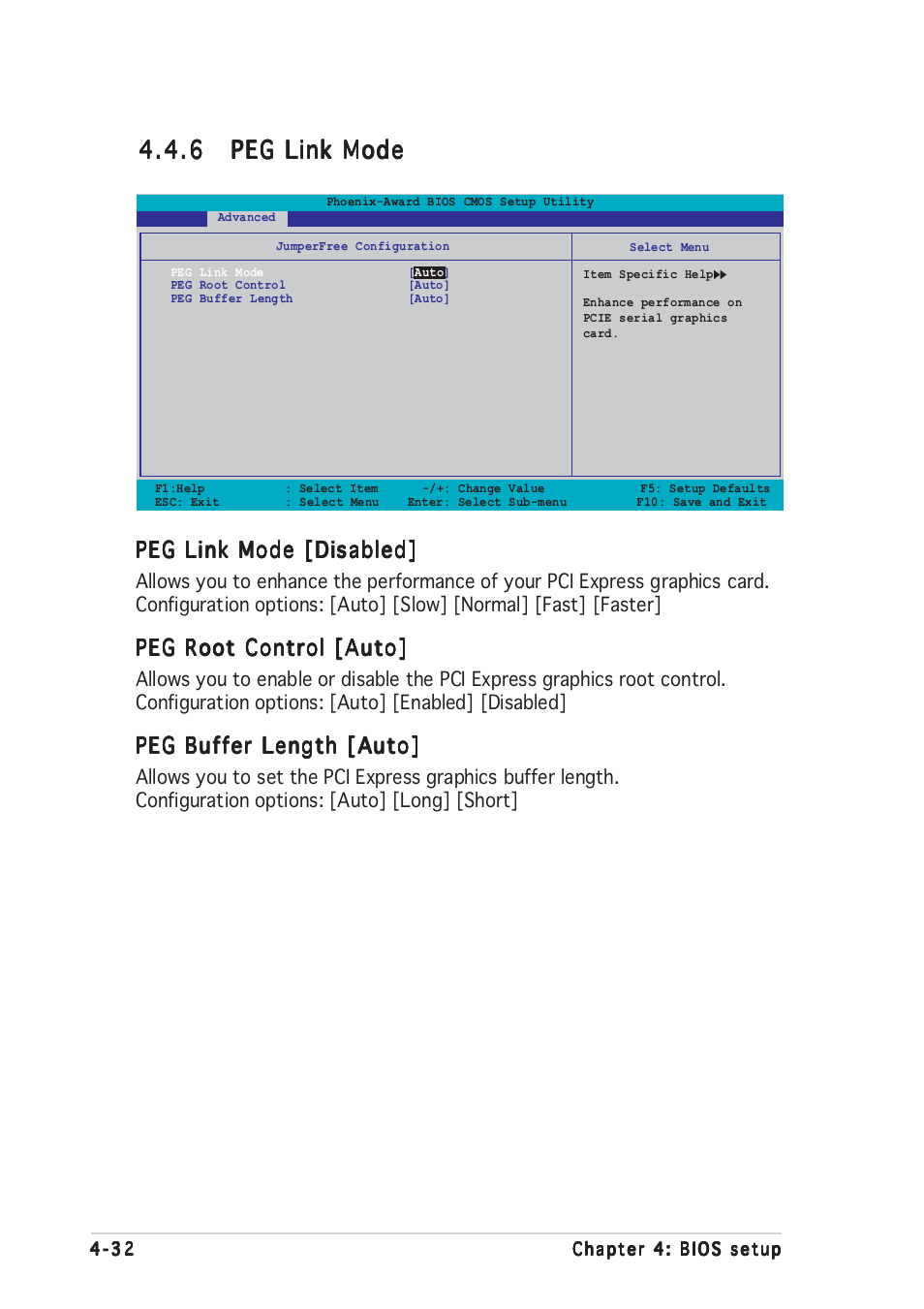 Peg link mode [disabled, Peg root control [auto, Peg buffer length [auto | Asus Motherboard A8N-SLI User Manual | Page 100 / 176