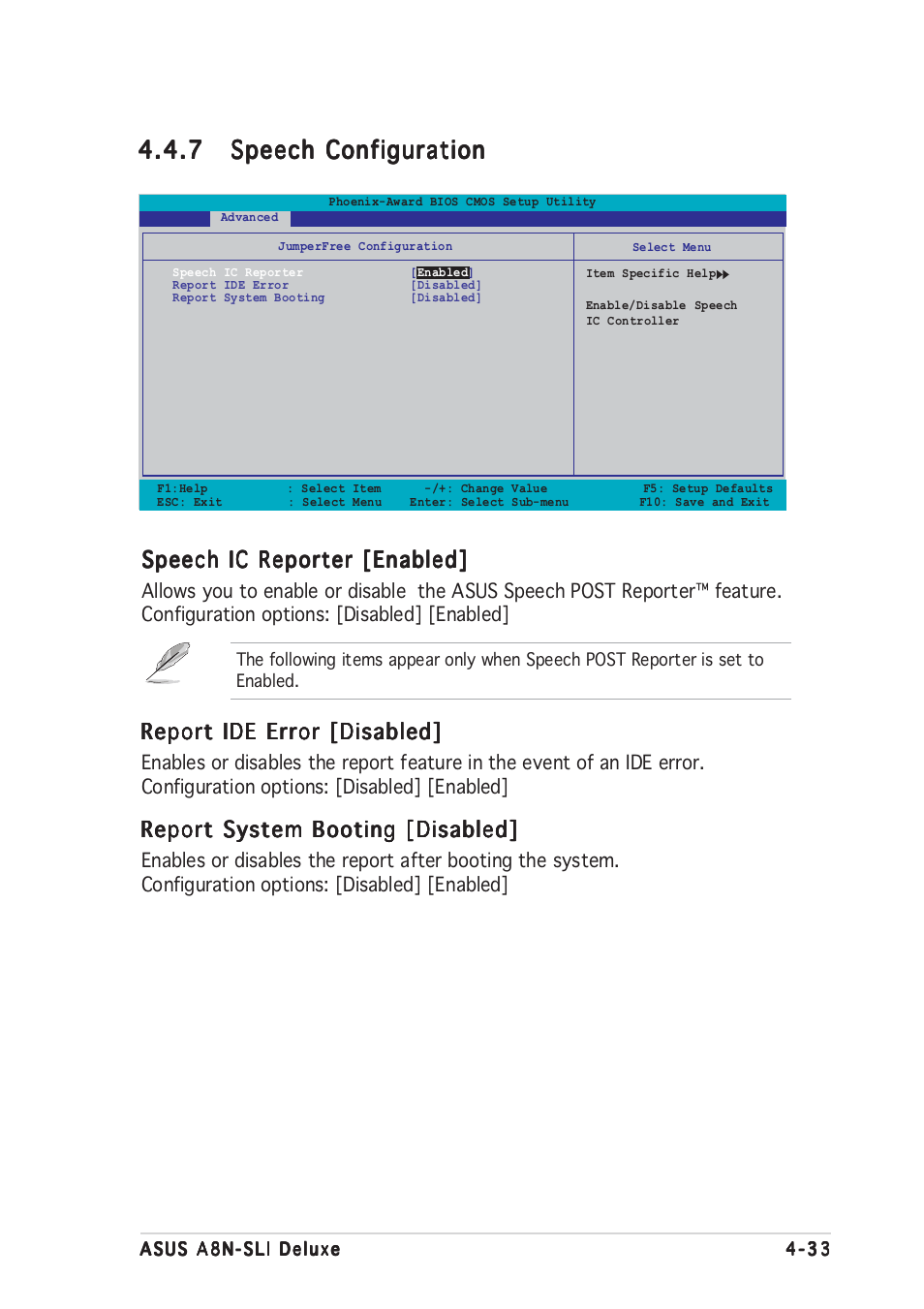 Speech ic reporter [enabled, Report ide error [disabled, Report system booting [disabled | Asus Motherboard A8N-SLI User Manual | Page 101 / 176