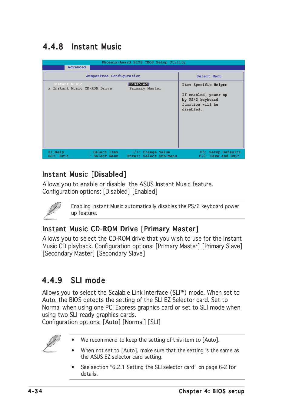 9 sli mode sli mode sli mode sli mode sli mode, Instant music [disabled, Instant music cd-rom drive [primary master | Asus Motherboard A8N-SLI User Manual | Page 102 / 176