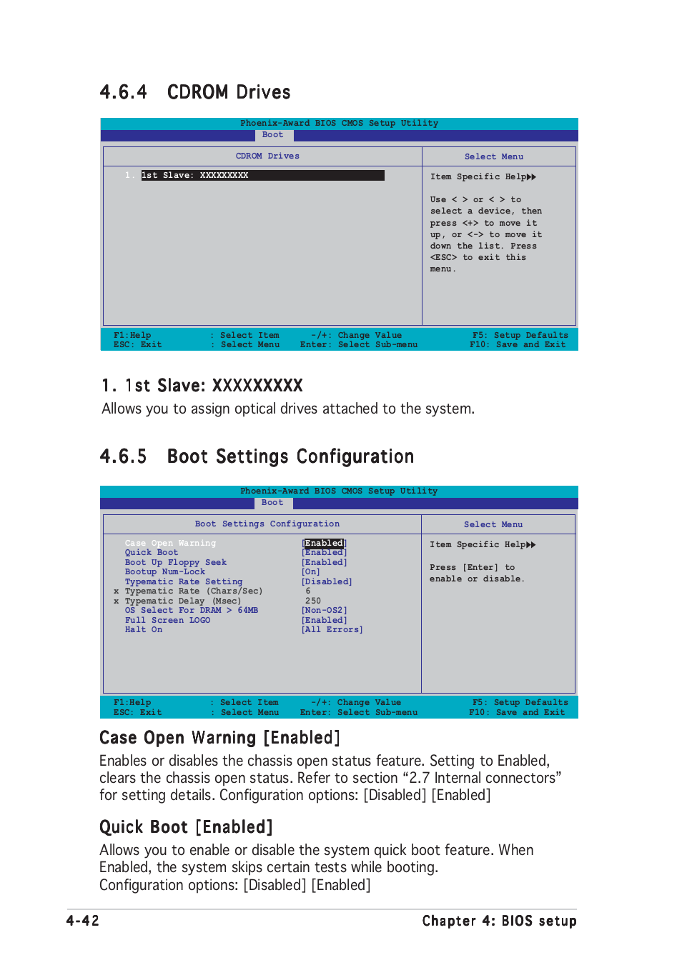 Case open warning [enabled, Quick boot [enabled | Asus Motherboard A8N-SLI User Manual | Page 110 / 176