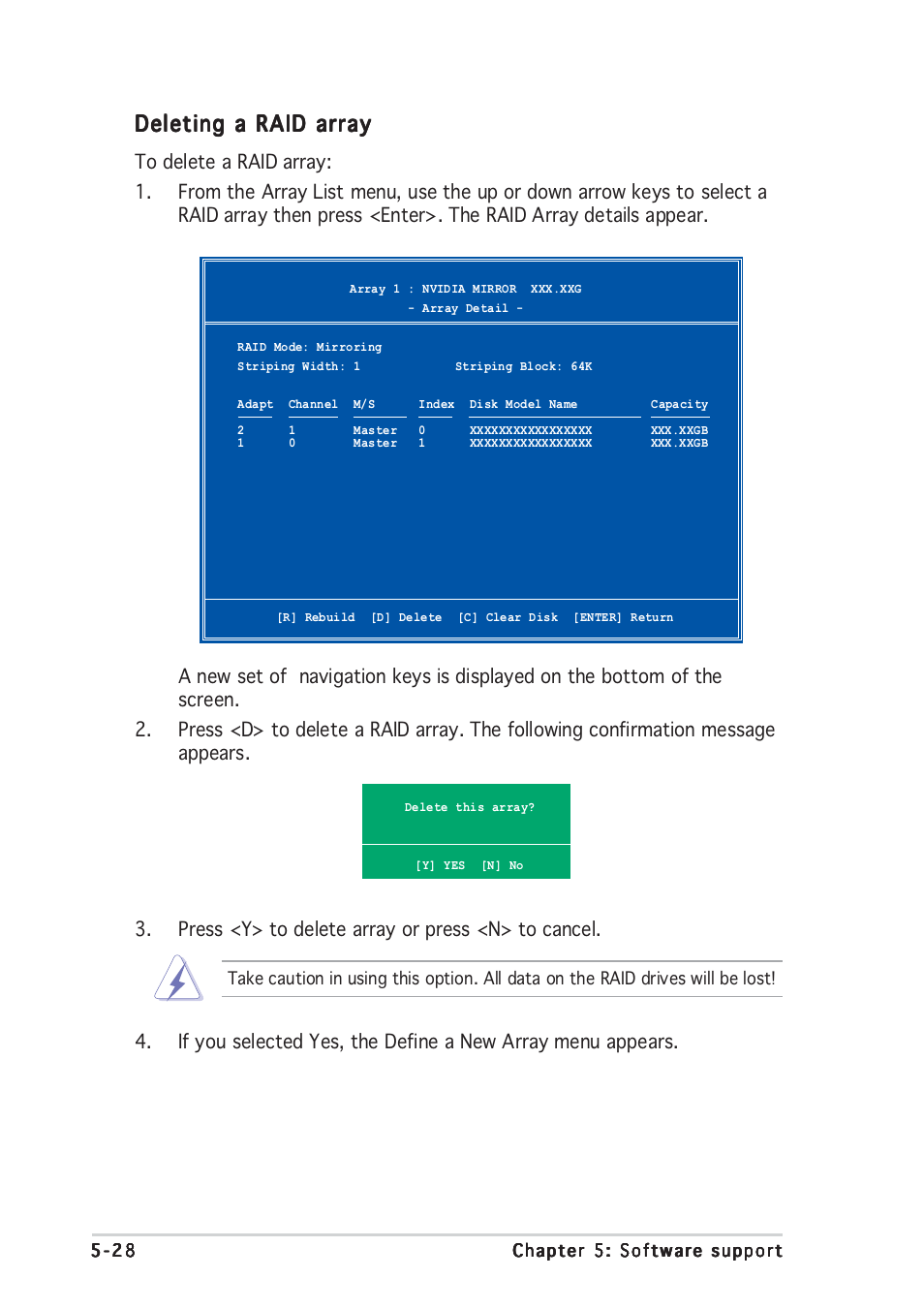 Deleting a raid array | Asus Motherboard A8N-SLI User Manual | Page 146 / 176