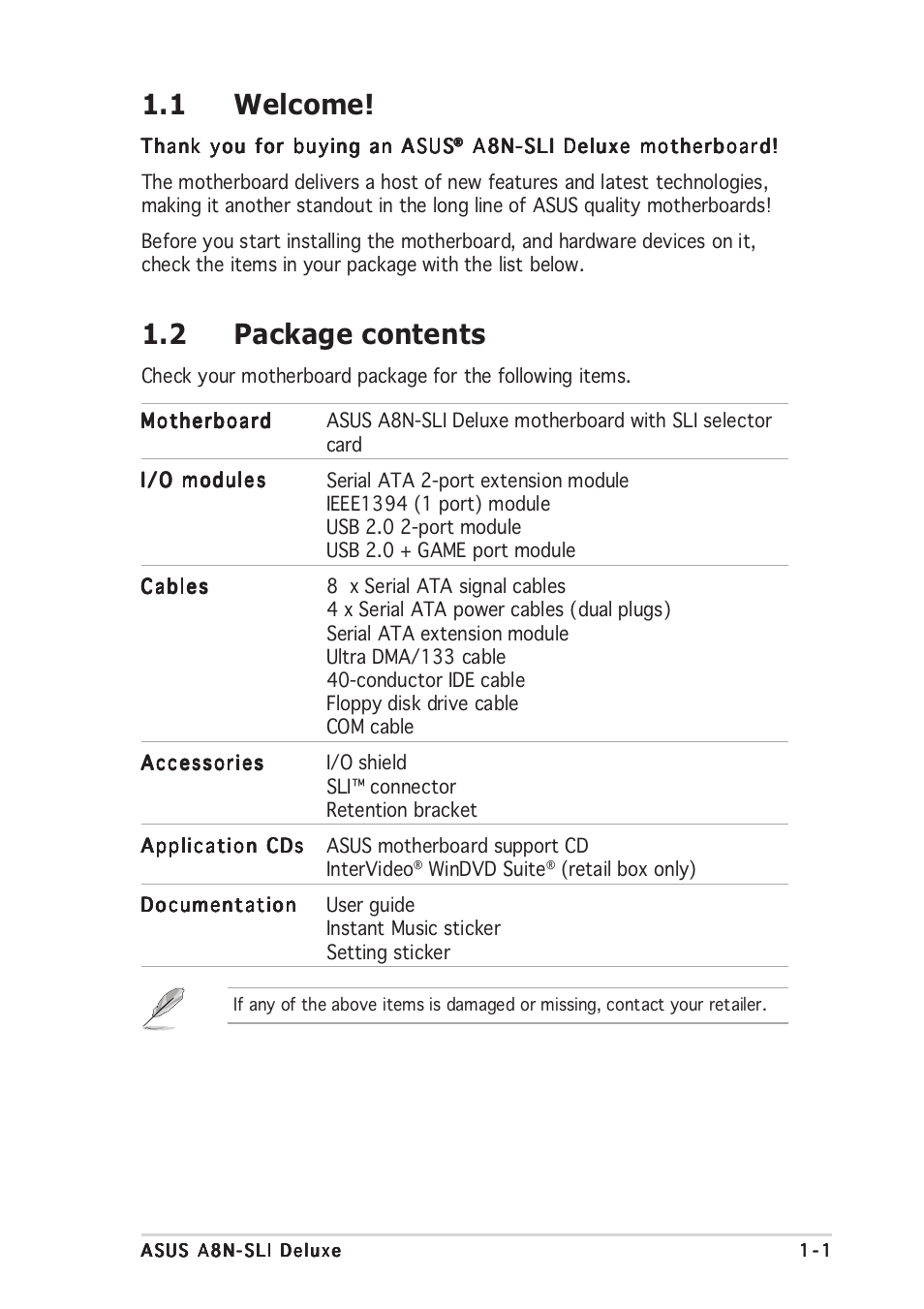 1 welcome, 2 package contents | Asus Motherboard A8N-SLI User Manual | Page 17 / 176
