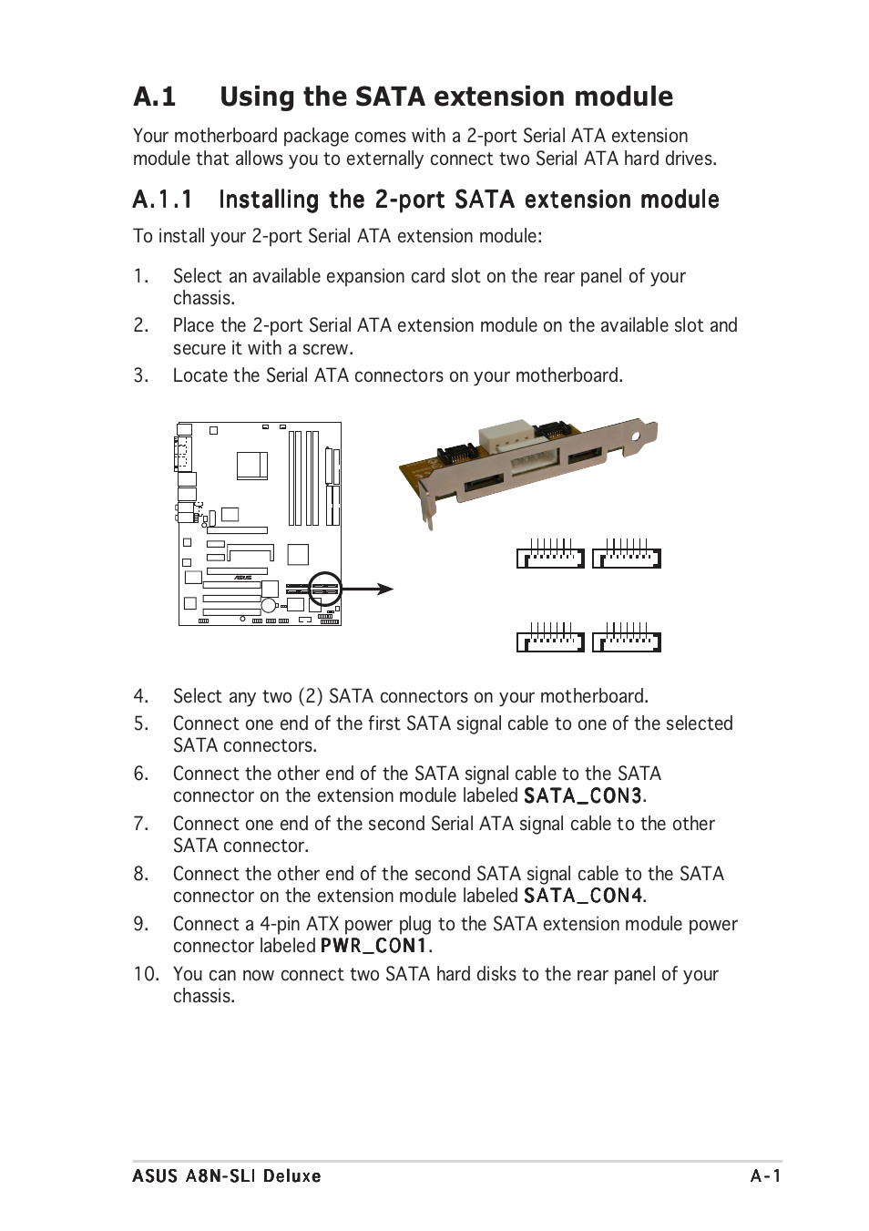 A.1 using the sata extension module, A.1.1, A8n-sli deluxe sata connectors sata1 sata2 | Sata3 sata4 | Asus Motherboard A8N-SLI User Manual | Page 175 / 176