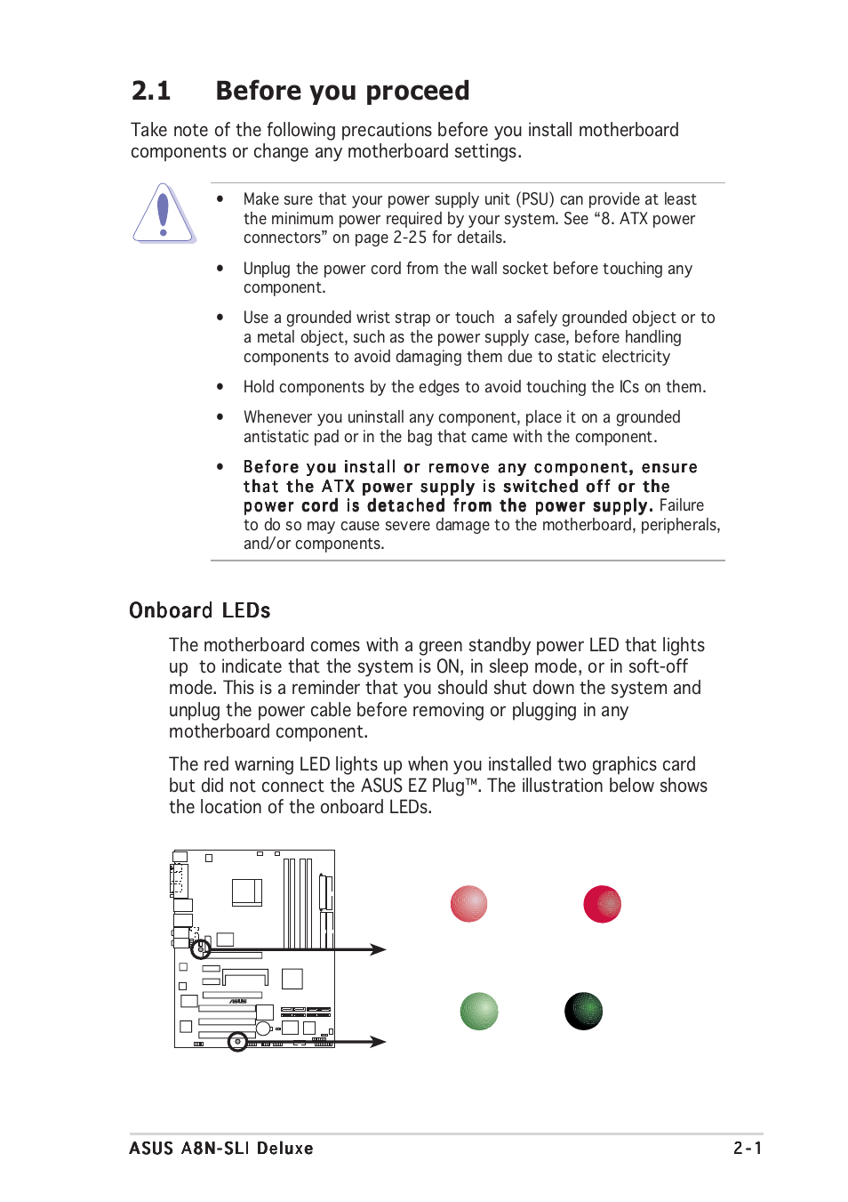 1 before you proceed, Onboard leds | Asus Motherboard A8N-SLI User Manual | Page 27 / 176