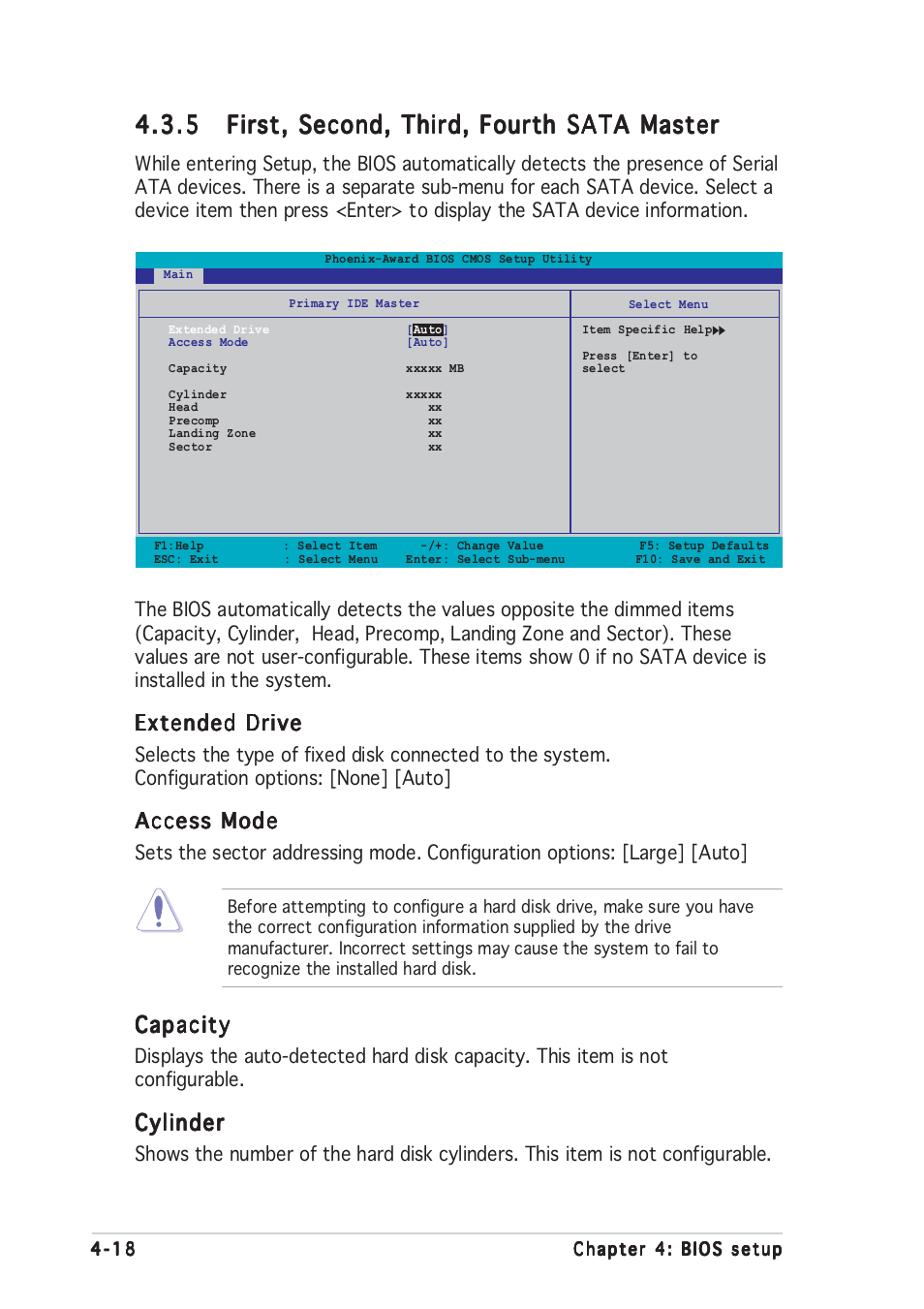 Extended drive, Access mode, Capacity | Cylinder | Asus Motherboard A8N-SLI User Manual | Page 86 / 176