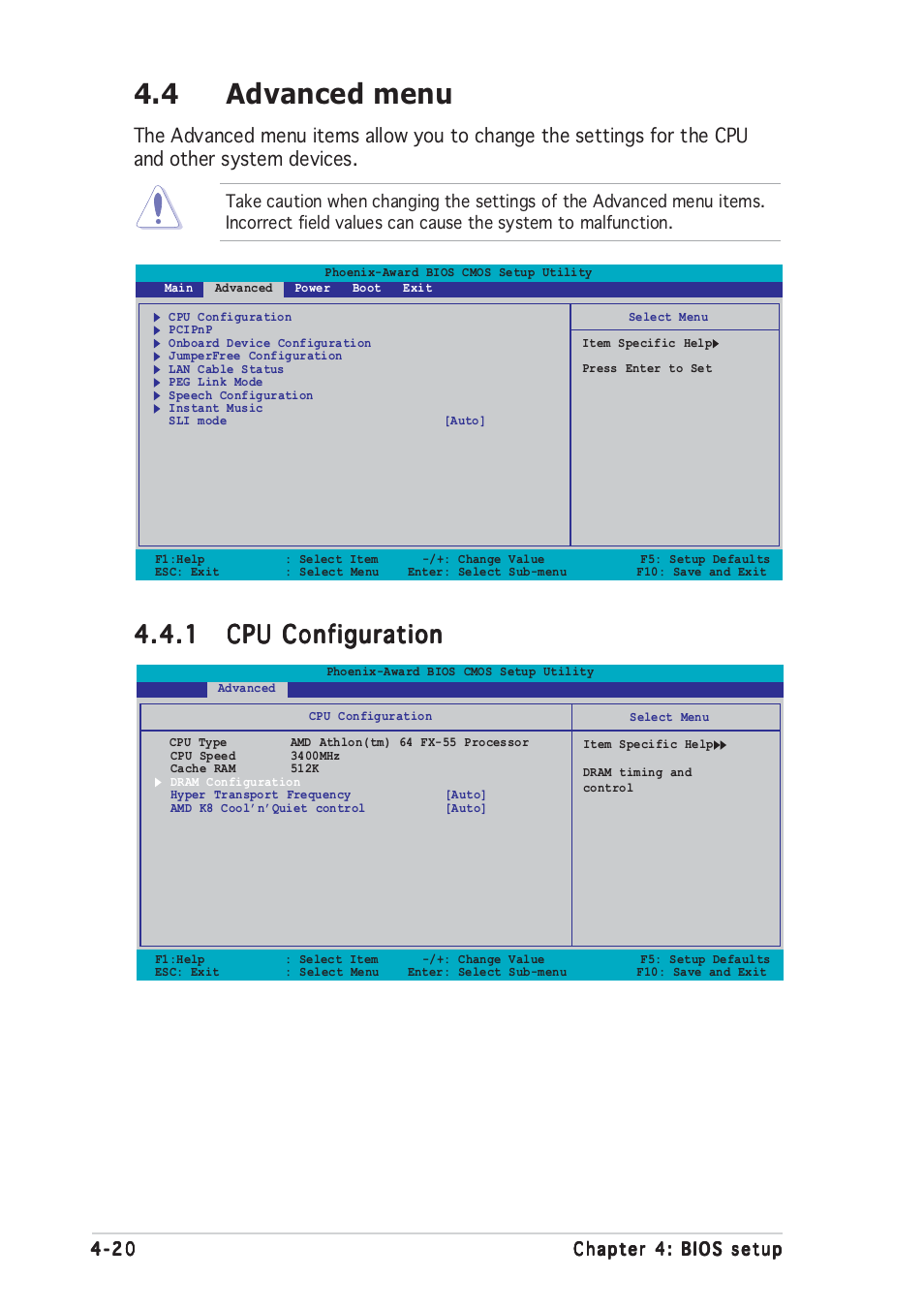 4 advanced menu | Asus Motherboard A8N-SLI User Manual | Page 88 / 176