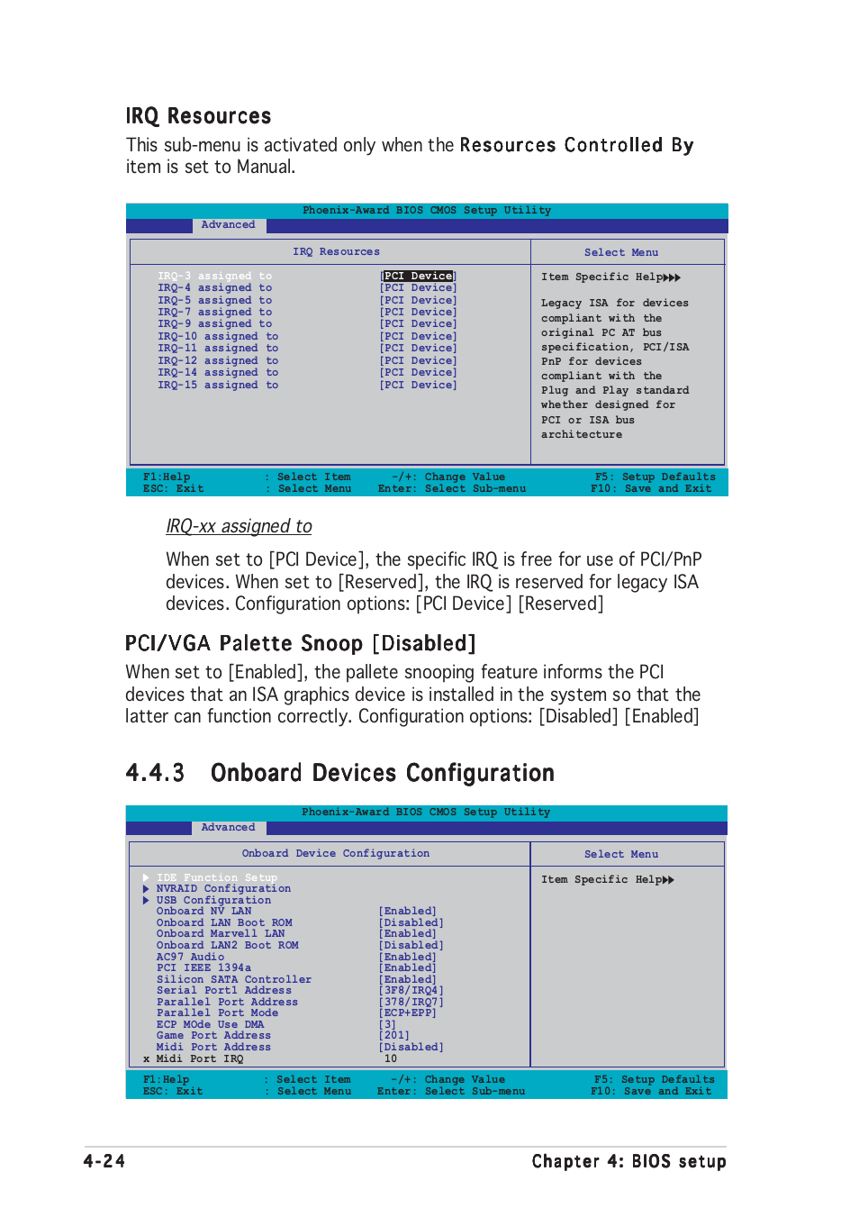 Irq resources, Pci/vga palette snoop [disabled | Asus Motherboard A8N-SLI User Manual | Page 92 / 176