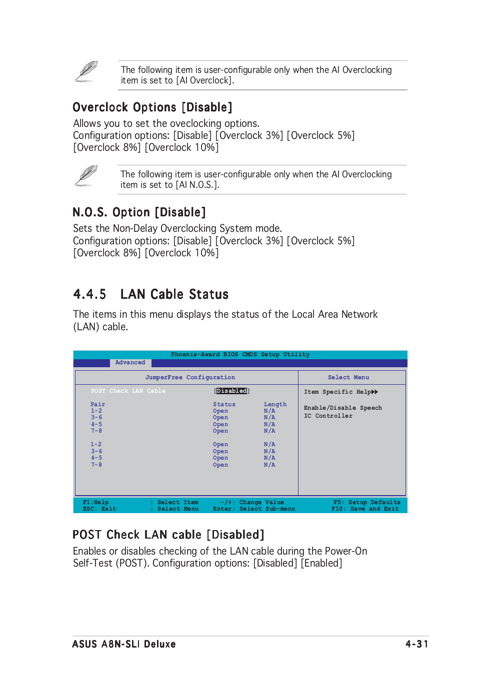 N.o.s. option [disable, Overclock options [disable, Post check lan cable [disabled | Asus Motherboard A8N-SLI User Manual | Page 99 / 176
