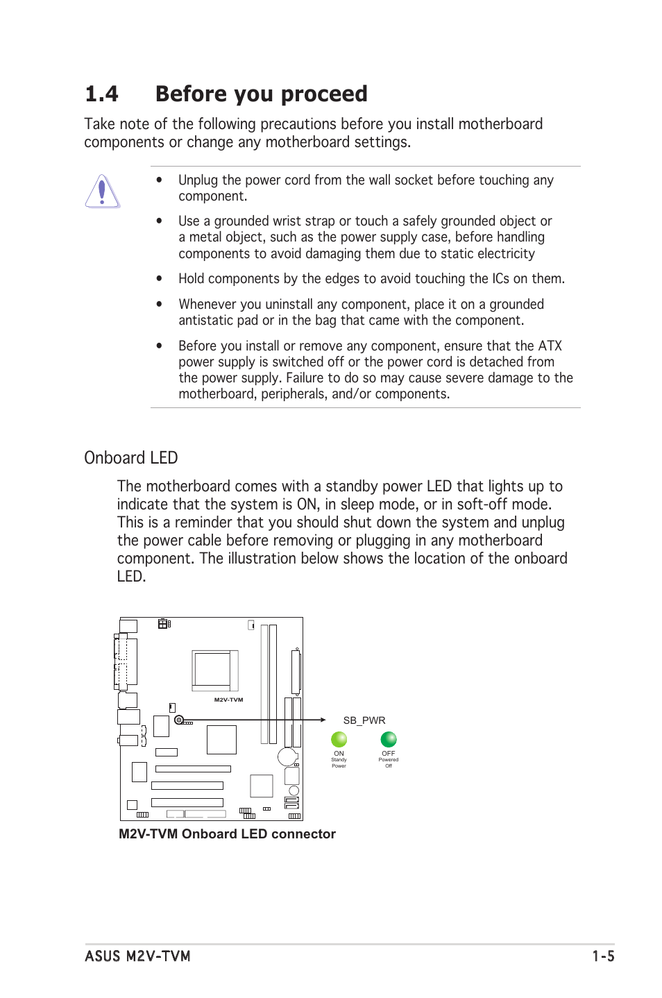 4 before you proceed, Onboard led | Asus M2V-TVM User Manual | Page 15 / 82