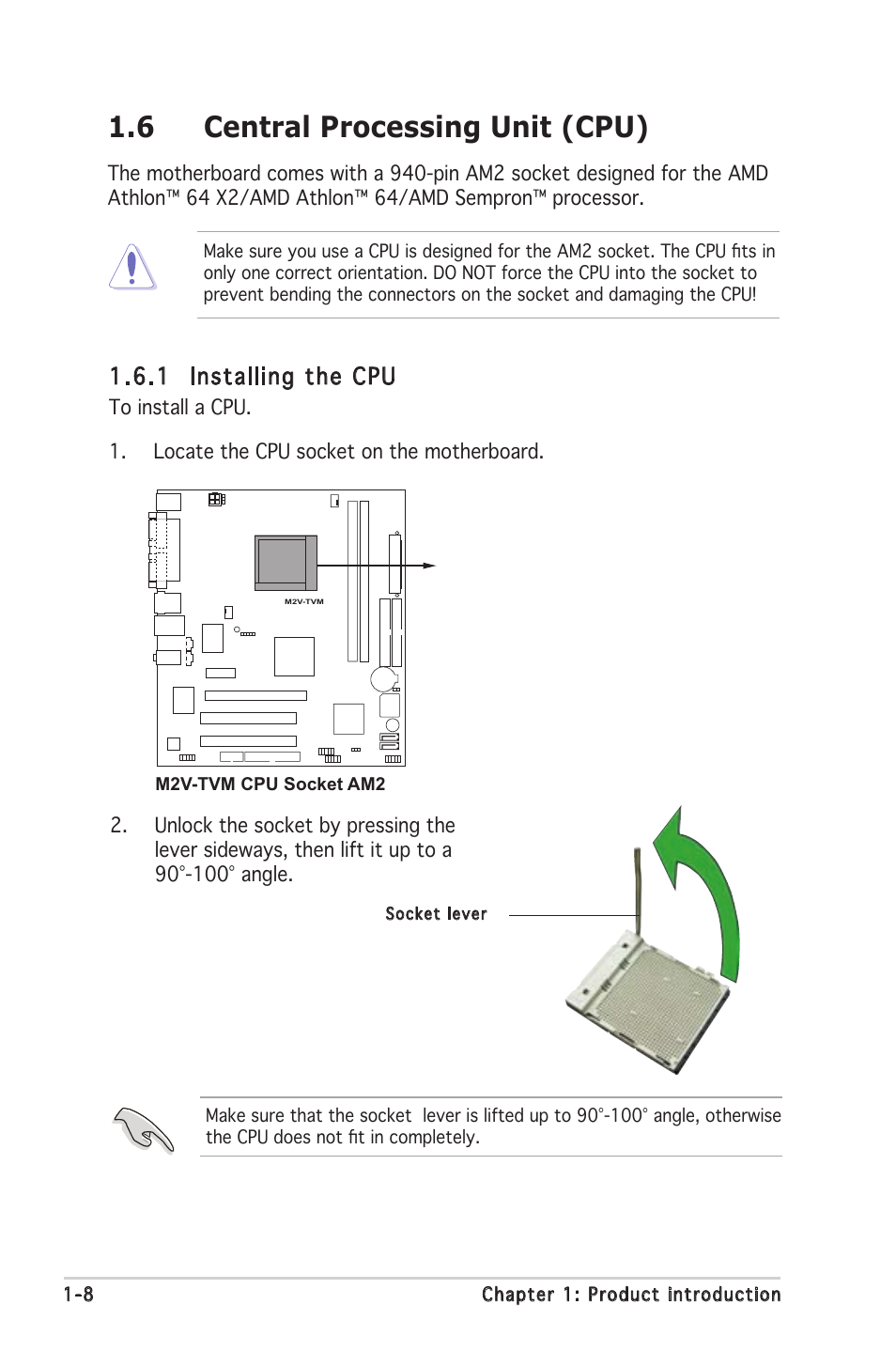 6 central processing unit (cpu), 1 installing the cpu | Asus M2V-TVM User Manual | Page 18 / 82