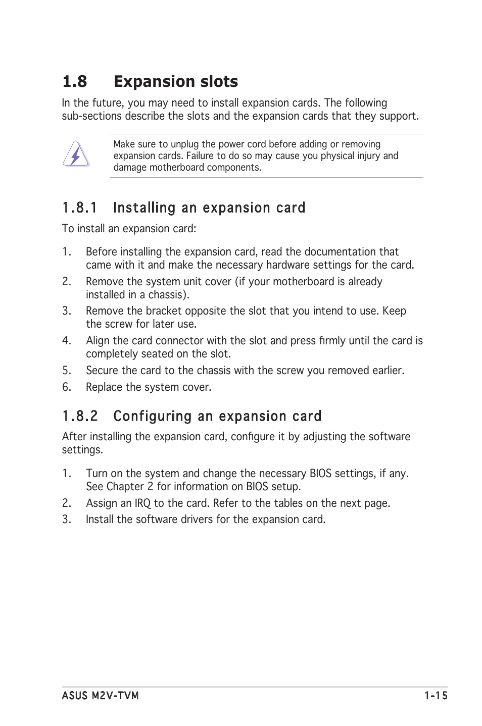 8 expansion slots, 1 installing an expansion card, 2 configuring an expansion card | Asus M2V-TVM User Manual | Page 25 / 82