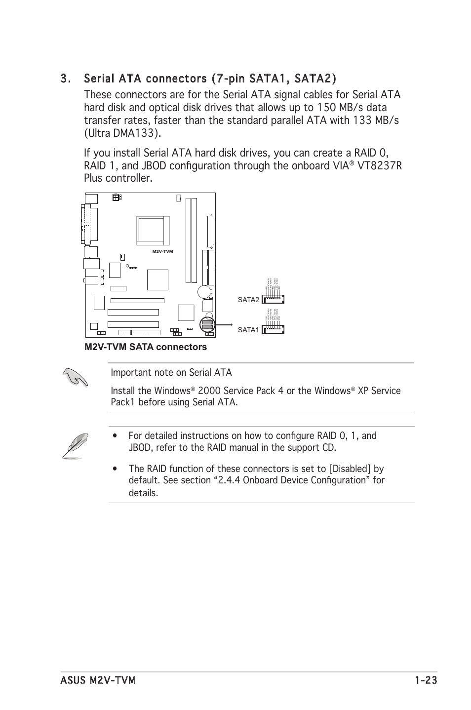 Vt8237r plus controller, Asus m2v-tvm 1-23, M2v-tvm sata connectors | Asus M2V-TVM User Manual | Page 33 / 82