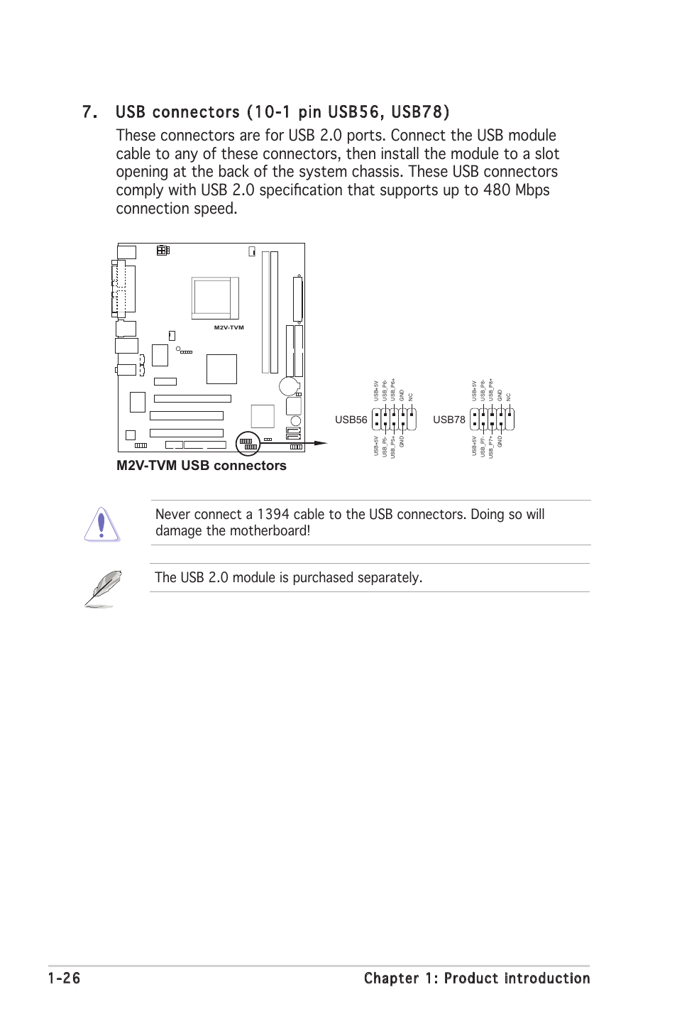 The usb 2.0 module is purchased separately, M2v-tvm usb connectors | Asus M2V-TVM User Manual | Page 36 / 82